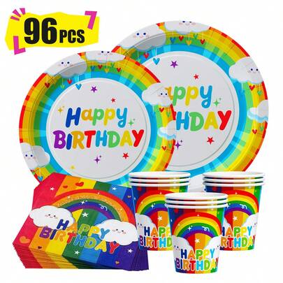 Rainbow Happy Birthday Disposable Plates, Napkins And Cups, Party Supplies Set, Serves 24 People, Disposable Paper Party Tableware, Suitable For Birthdays, Weddings, Theme Parties, Family Picnics.