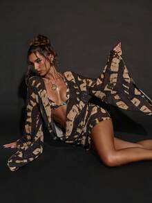 SHEIN BAE Women's Beach Vacation Casual Printed Loose Cover-Up,2026 Summer New Arrival: Brown Animal Print Halter Neck Dress/Cover-Up, Beach Vacation Wear, Sexy Party/Music Festival Swimwear, Hawaiian Style, Women's Beach Vacation Wear, Elegant Women's Beach Wear, Vacation Wear, Beach Party, Pool Party Cover Ups For Swimwear - Brown - View 5