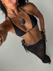 Aloruh 女士三件套比基尼套装，浪漫优雅浅粉色迷你三角罩杯挂脖上衣、迷你丁字裤和超长纱笼裙，适合春夏度假穿着 - 黑色 - 查看 7