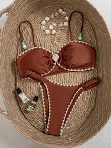 Swim Chiccia 2pcs/Set Women's Tankini Swimsuit, Caramel & Burgundy Color, Shell Decor Beaded Embroidered Trim, Adjustable Strap, Vintage , Suitable For Swimming, Beach, Pool Party - Rust Brown - View 6