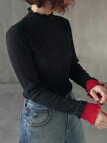 FRIFUL 女士撞色圆领长袖薄纱蕾丝拼接休闲百搭上衣，秋冬款 - 黑色 - 查看 3