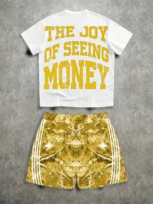 Manfinity ZONE917 Men's Letter Print Round Neck Short Sleeve T-Shirt And Leaf Print Shorts Casual Set - Yellow - View 7