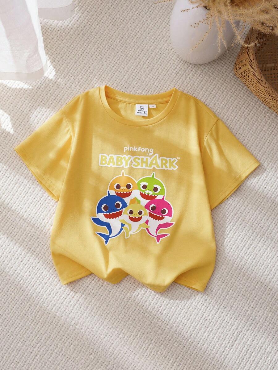 BABY SHARK X SHEIN 1件可爱休闲男童圆领宽松舒适T恤 - 黃色 - 查看 1