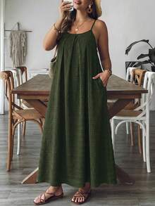 Comfylo 大码女式度假褶皱设计休闲吊带裙，适合节日穿着，也适合沙滩穿着，是度假、夏季、母亲节、夏季等各种场合的理想选择。 - 軍綠色 - 查看 10