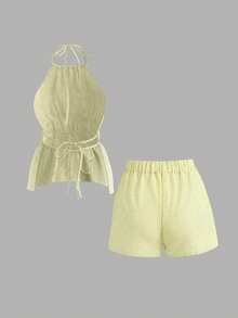 Selianne Bộ đồ 2 mảnh gồm quần short buộc dây cổ yếm, họa tiết sọc, hở lưng, thích hợp cho kỳ nghỉ hè gợi cảm. - Màu vàng - Xem 2