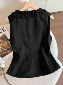 GlowEve 亚麻质感V领荷叶边腰部衬衫，优雅通勤度假女装 - 黑色 - 查看 2