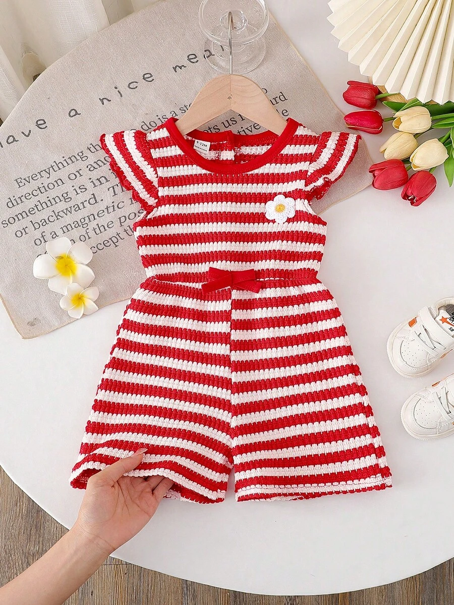 SHEIN Playful Pals Bộ áo liền quần kẻ sọc hoa văn kiểu dáng thường ngày cho bé gái, mùa xuân/hè. - Đỏ - Xem 1