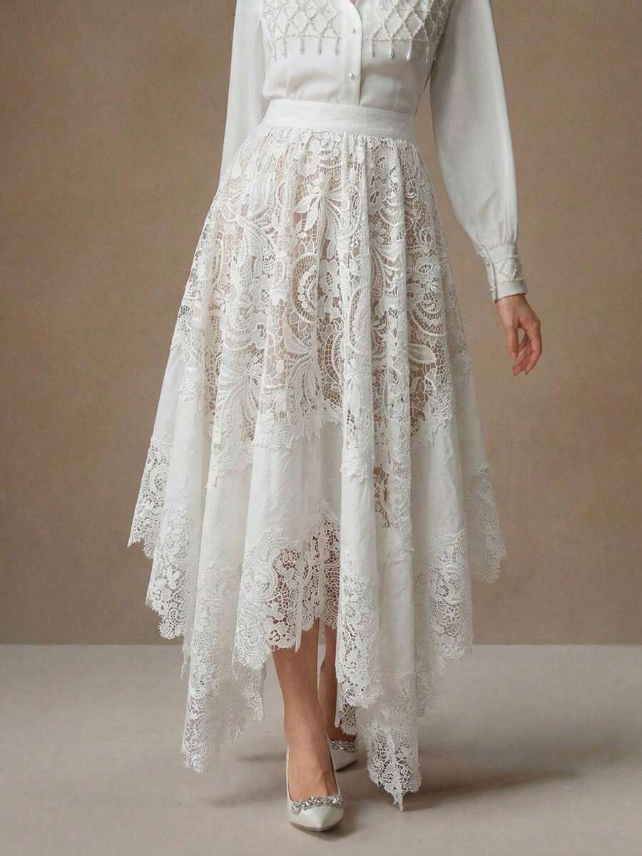 Anewsta Chân váy trắng thêu ren khoét lỗ cao cấp, thanh lịch, lãng mạn dành cho nữ, thích hợp cho kỳ nghỉ xuân/hè. - trắng - Xem 1