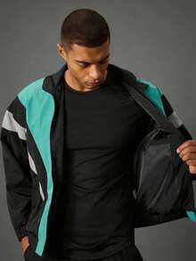 Acti Log Men's Patchwork Stand Collar Black Multi-Color Zipper Front Jacket,Autumn Smart Sporty Vacation Versatile Athletic Gym Fitness Workout Activewear - Black - View 7