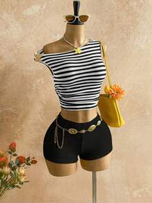 Soleia 新款休闲度假西部海滩婚礼宾客礼服，毕业早午餐，圣帕特里克节，春假，复活节，音乐节，优雅波西米亚热带风情毛绒棕色针织不对称露肩花卉露背两件套女装 - 黑色 - 查看 4