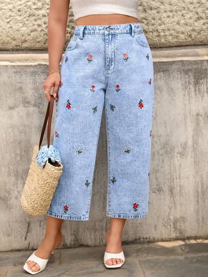 Breezaya Quần jeans nữ cỡ lớn, không co giãn, thêu họa tiết, dài đến 7/8.