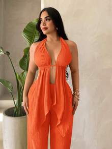 SHEIN SXY 沙滩度假纯色纹理露背吊带背心和裤子套装 - 橘色 - 查看 7