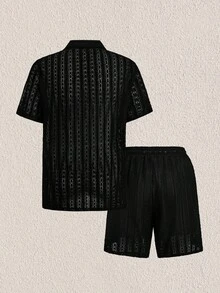 Mercer Haus 男士鏤空襯衫短褲套裝，適合夏季度假海灘穿著 - 黑色 - 查看 2