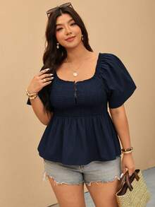 Elaquor Plus Size Women Vacation Solid Color Square Neck Button Down Shirred Ruffle Hem Blouse - Navy Blue - View 5