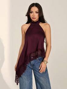 SHEIN PETITE 女士蕾丝拼接不对称下摆休闲百搭日常上衣 - 紫紅色 - 查看 10