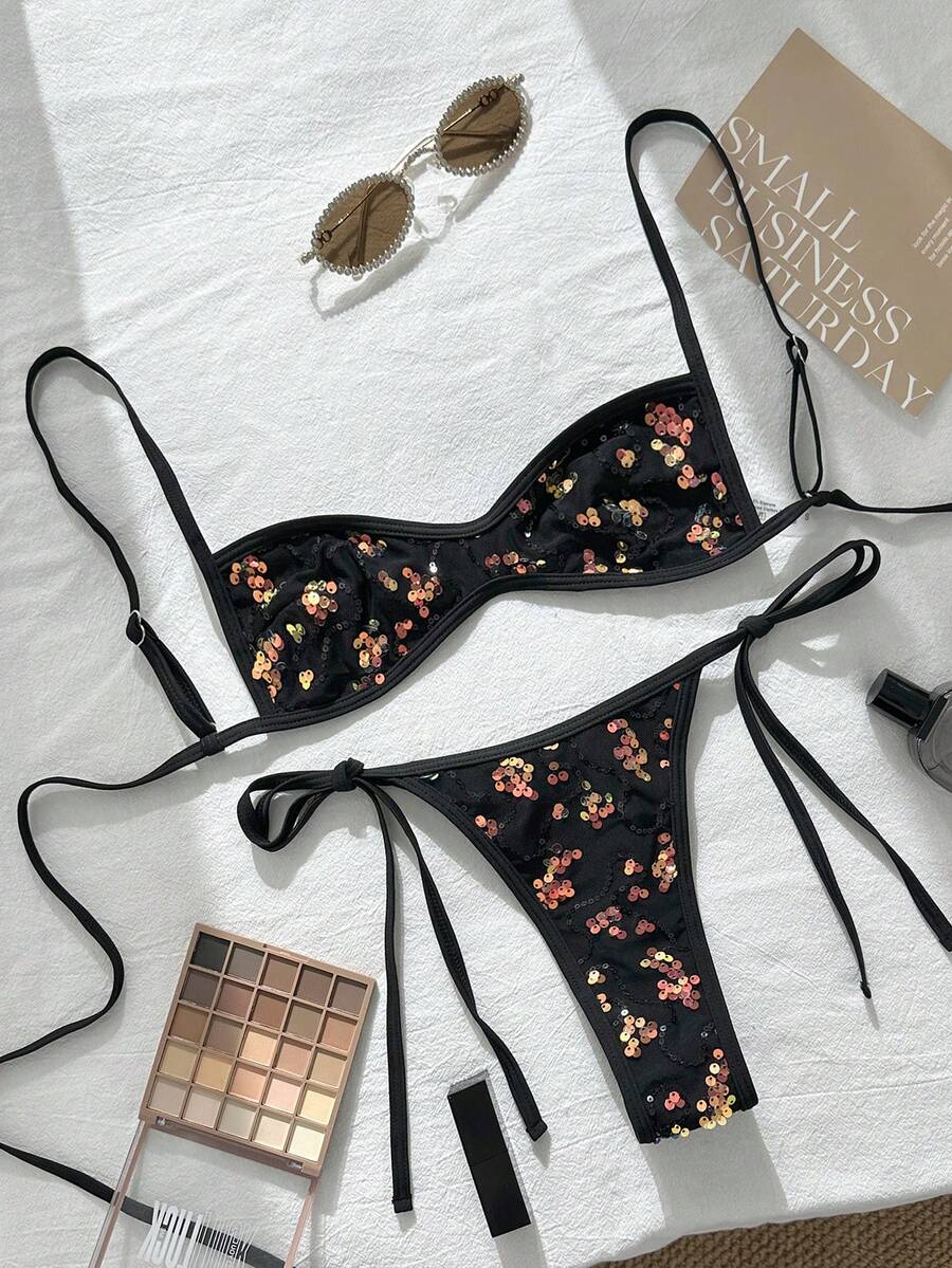 Swim SXY 2026春夏薄荷蓝亮片性感两件式比基尼套装，细肩带系带+三角款式，清新火辣沙滩泳装，凸显身材，吸睛黑色亮片比基尼泳装套装，女士比基尼套装，两件式比基尼，亮片比基尼套装，花卉泳装 - 黑色 - 查看 1