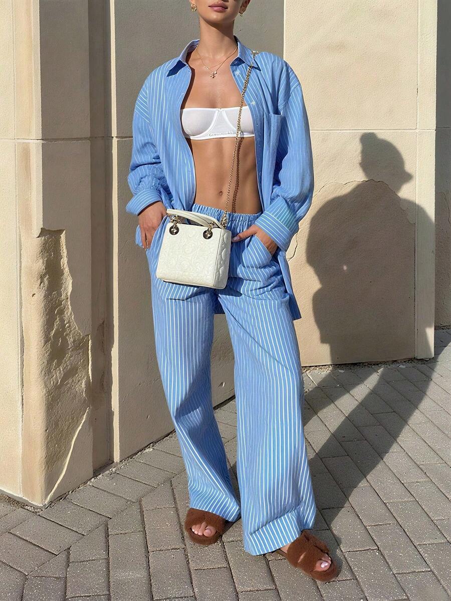 INAWLY 2件套女士休闲条纹纽扣长袖衬衫和裤子套装 - 藍色 - 查看 1