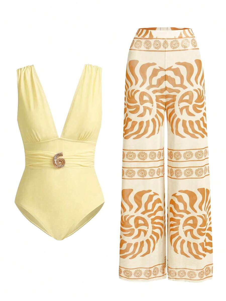 Swim Oasis Traje de baño de una pieza con textura espiral vintage para mujer, elegante y grácil para vacaciones - amarillo ganso - Ver 1