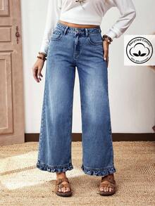 EMERY ROSE Plus Size Women Street Casual Comfortable Mid-Blue Non-Stretch Ruffle Hem Straight Leg Jeans - Medium Wash - View 6