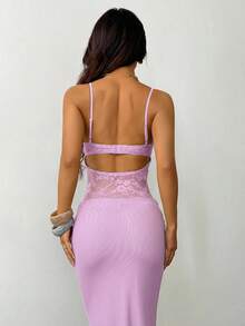 SHEIN PETITE 女士吊带蕾丝透视连衣裙，性感派对装、约会装、节日装，适合秋冬季节，可作内搭。 - 淡紫色 - 查看 2