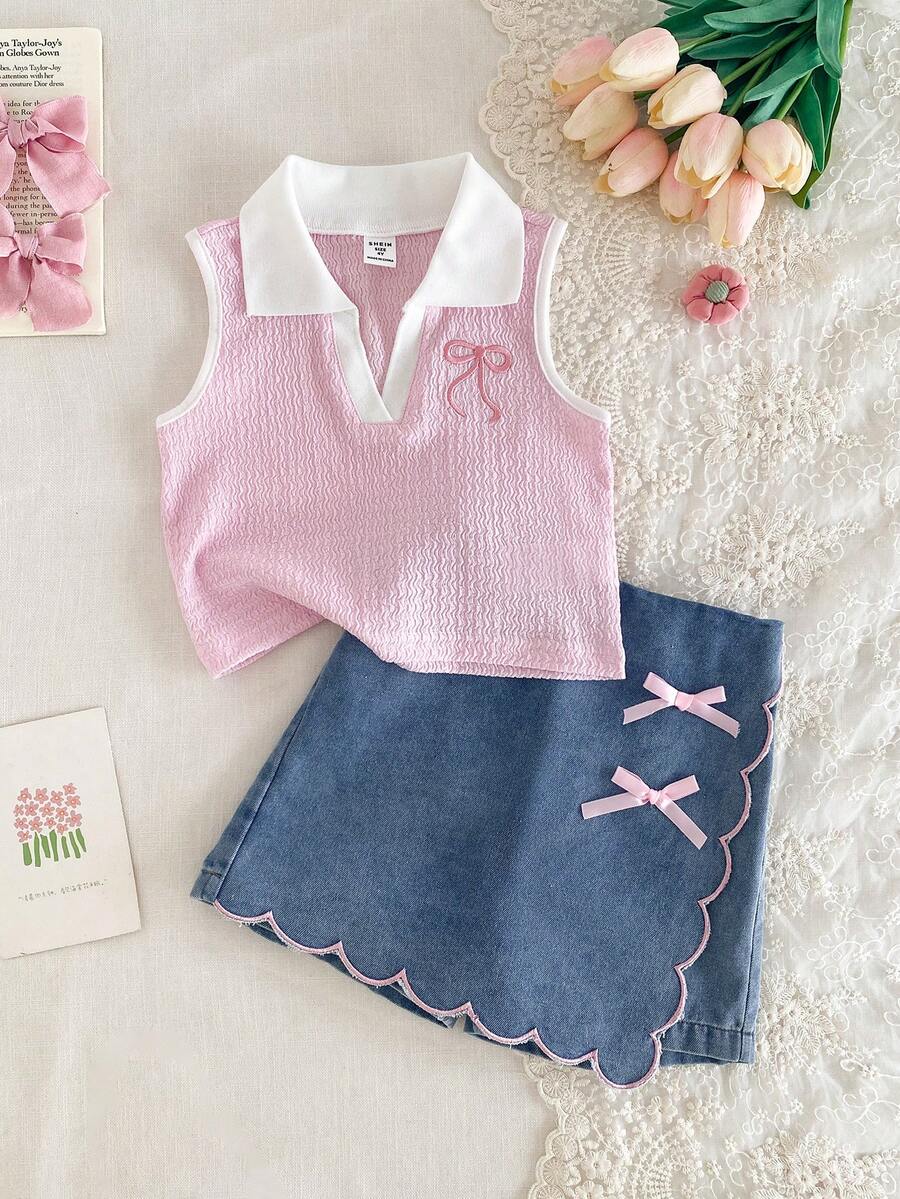 Elladie kids Bộ 2 món cho bé gái mùa hè, màu mơ, chất liệu vải dệt họa tiết, cổ áo kiểu patchwork họa tiết trái tim và chân váy denim với viền bèo nhún, thêu hình quả anh đào. Bộ đồ dễ thương kiểu vintage. - Hồng - Xem 1