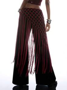 LYSMO 女士沙滩/度假流苏针织裙 - 酒紅色 - 查看 2