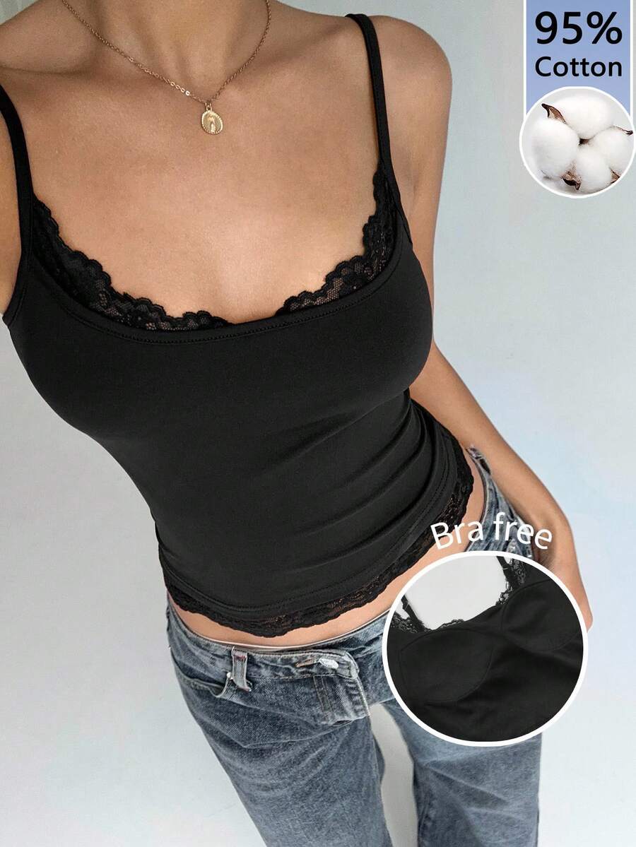 Aloruh 女士95%棉黑色蕾丝拼接吊带背心 - 优雅休闲蕾丝边修身圆领弹力基础款上衣,街头时尚Y2K风格,完美适用于春夏穿搭、约会之夜、音乐会、锐舞派对和音乐节。 - 彩色 - 查看 1