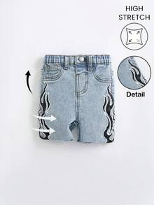 SHEIN Bubblio Baby/Toddler Boys' New Fashion Y2k Distressed Urban Street Style Flame Print Blue Denim Elastic Skinny Jeans Shorts Spring Summer,For Baby Boys Spring/Summer Dailywear Outfits,Boys Streetwear Outfits,Beach Vacation Outfits For Boys,Boys Summer Boho Outfits,Casual Clothes For Boys ,Graphic Jeans Boys,Toddler Short,2-Year-Old Boys Short,Summer Short,Casual Short - Light Wash - View 4