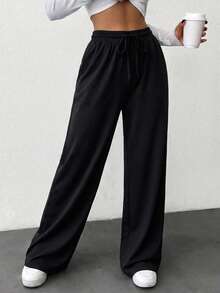 Women's Solid Fake Drawstring Comfortable Medium Stretch Good Quality Casual Sleep Bottom - Black - View 3