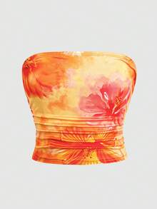 SHEIN Bộ áo hai dây croptop xếp ly in họa tiết dành cho bé gái tuổi teen - Màu vàng - Xem 5