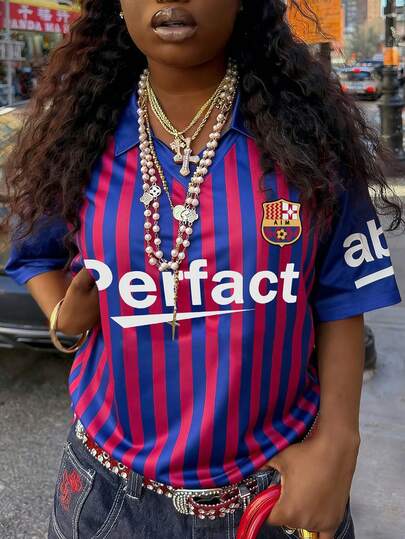 Rovax Women's Letter Striped Short Sleeve Casual T-Shirt