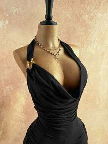 Soleia Women's Black Summer 70's Club Party Disco Retro Ombre Print Mesh Metallic Decor Layered Ruffle Plunging Jumpsuit, Fashion For Western - Black - View 5