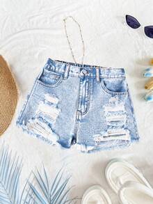 SHEIN Quần short jean denim rách gấu, cạp cao, màu xanh nhạt, dành cho bé gái tuổi teen, phong cách Y2K, thích hợp cho kỳ nghỉ xuân hè, đi biển, dã ngoại, tiệc tùng, trang phục thường ngày cho bé gái dự tiệc brunch và lễ tốt nghiệp. - Rửa nhẹ - Xem 1