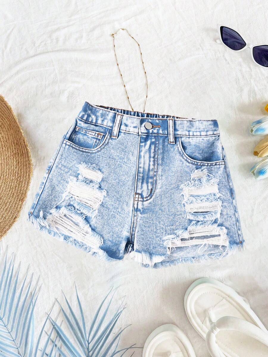 SHEIN Quần short jean denim rách gấu, cạp cao, màu xanh nhạt, dành cho bé gái tuổi teen, phong cách Y2K, thích hợp cho kỳ nghỉ xuân hè, đi biển, dã ngoại, tiệc tùng, trang phục thường ngày cho bé gái dự tiệc brunch và lễ tốt nghiệp. - Rửa nhẹ - Xem 1