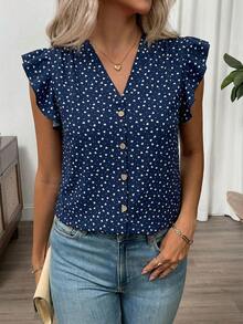 SHEIN Clasi Áo kiểu nữ mùa hè họa tiết hoa cổ chữ V tay ngắn - Màu xanh hải quân - Xem 6