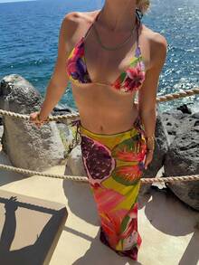 Aloruh Bộ bikini hai mảnh gợi cảm buộc dây cổ họa tiết hoa mùa hè dành cho nữ, kèm váy, thích hợp cho kỳ nghỉ biển, bộ đồ đi biển 3 mảnh cho nữ, bikini kèm áo khoác ngoài, trang phục Hawaii cho nữ. - Nhiều màu - Xem 1