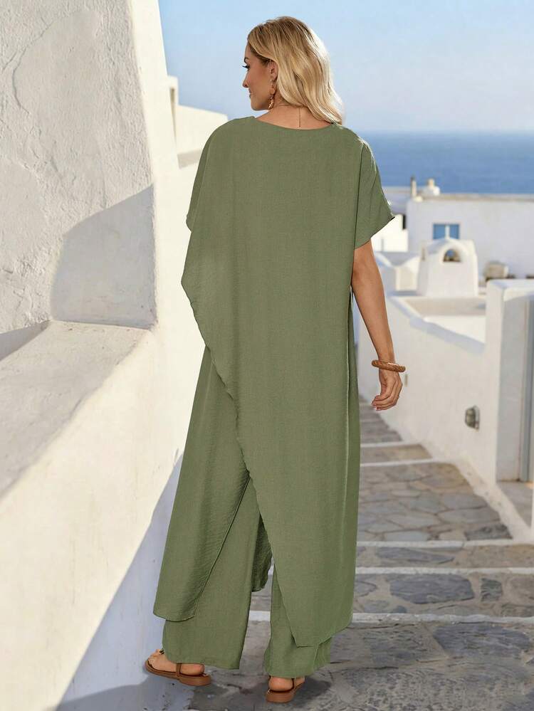 Women's Solid Color Round Neck Short Sleeve Asymmetric Hem Shirt And Pants 2 Pieces Set Summer Outfits For Women Casual Sets For Women Vacation Outfits Women Holiday Outfits For Women Summer Holiday Outfits Two Piece Set Women Summer Two Piece Set 2-Piece Going Out Sets For Women Coords For Women Casual Classy
