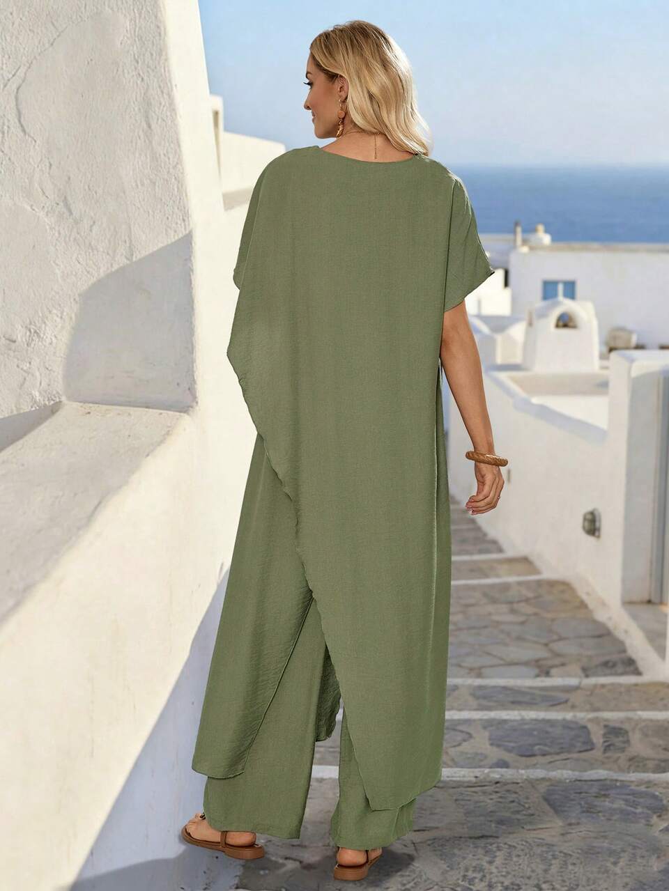 Women's Holiday Solid Color Round Neck Short Sleeve Asymmetric Hem Shirt & Pants 2 Pieces Set Summer Casual Vacation Outfits Coords Classy