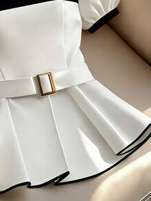 Franclia 2026 Y2K 复古风白色缎面方领荷叶袖衬衫 - 甜美清新风格，黑色荷叶边下摆，修身腰身，休闲派对时尚上衣 - 白色 - 查看 6