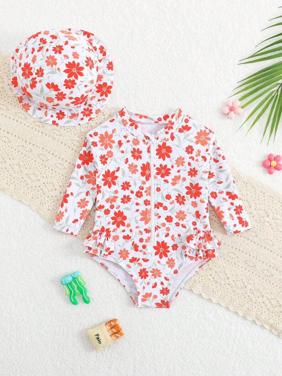 SHEIN Vintaside Kids Newborn Cute Red Ditsy Floral Swimsuit,Long Sleeve Rash Guard One-Piece With Front Zipper,2-Piece Set With Ruffled Hat,Summer Pool Party Holiday Wear - Multicolor - View 1