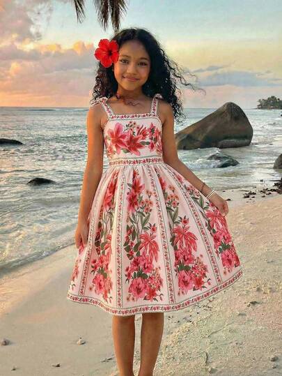 SHEIN Vestido de tirantes con estampado floral y lazos en los hombros, versátil para vacaciones, casual para primavera y verano