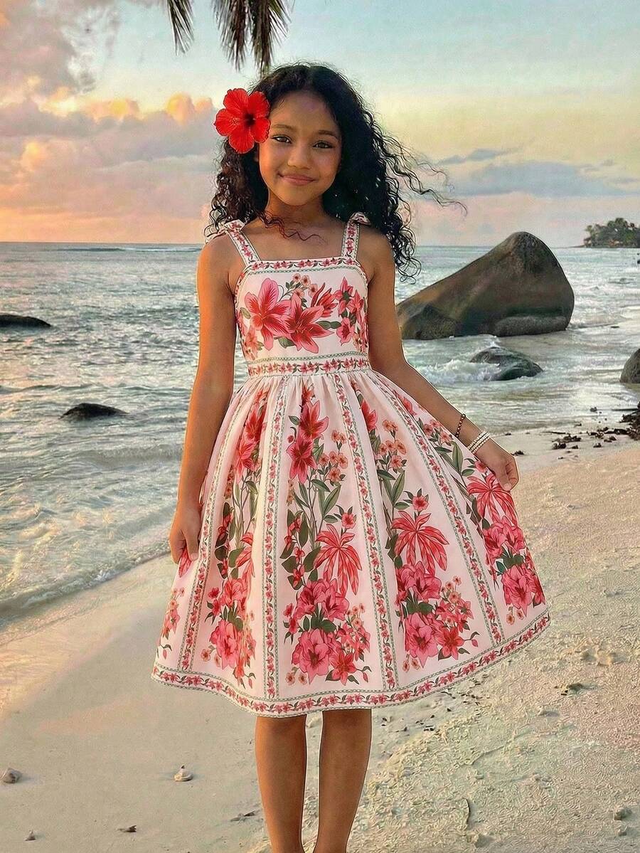 SHEIN Irls 印花吊带连衣裙，肩部饰有蝴蝶结，百搭休闲，适合度假和春夏穿着。 - 白色 - 查看 1