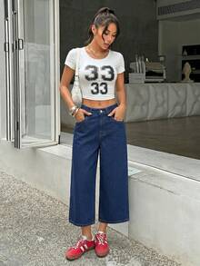 SHEIN PETITE Quần culottes ống rộng cạp cao phong cách Y2K dành cho nữ, màu xanh đậm, chất liệu denim co giãn, dáng rộng, có túi, hoàn hảo cho phong cách đường phố và hàng ngày. Quần jeans ống rộng cạp thấp dáng suông đơn giản, đa năng, thích hợp cho việc đi làm hàng ngày. - Rửa tối - Xem 1