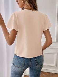 SHEIN Essnce Áo sơ mi nữ cổ chữ V màu trơn, kiểu dáng thường ngày, thích hợp đi làm. - Màu be - Xem 2