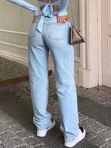 SHEIN ICON Plus Size Women Casual Pockets Button Fly Versatile Daily Wear Denim Jeans - Light Wash - View 2