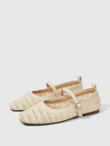 Sleekvia Sapatos Femininos com Cabedal Trançado, Estilo Retrô Mary Jane com Fivela, Design de Bico Quadrado, Salto Baixo, Elegante e Delicado, Cor Damasco, Adequado para Compras e Encontros - Damasco - Visão 2