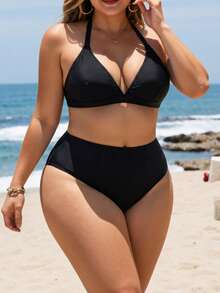 Swim Lushoire Plus Size Solid Color Minimalist Everyday Swimwear Top - Black - View 5