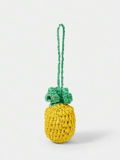 SHECARRY 1 Piece Fashionable Summer Seaside Vacation Straw Hand Crochet Pineapple Styling Bag Pendant, Suitable For Straw Bags, Vacation, Summer, Beach, Seaside