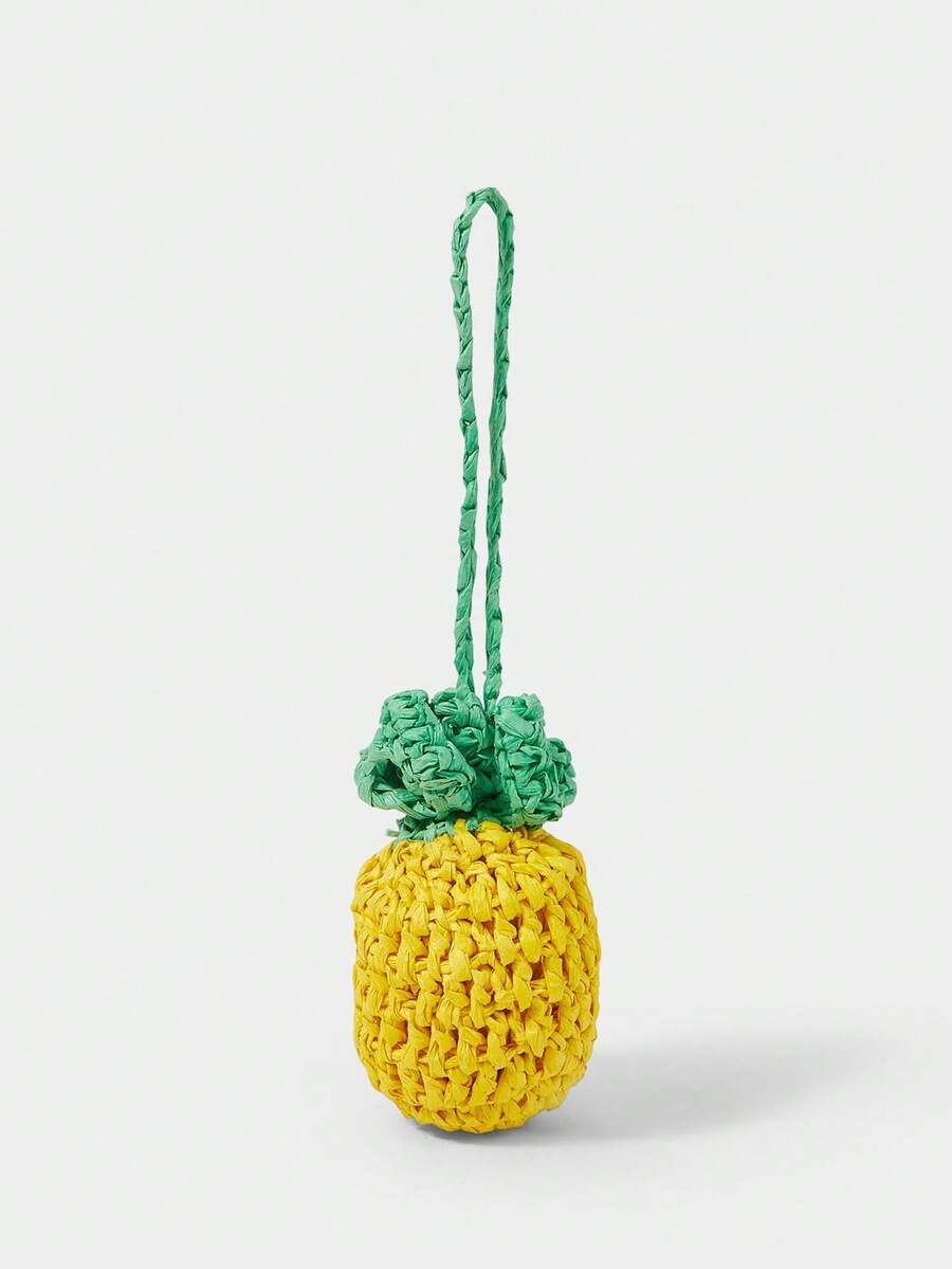 SHECARRY 1 Piece Fashionable Summer Seaside Vacation Straw Hand Crochet Pineapple Styling Bag Pendant, Suitable For Straw Bags, Vacation, Summer, Beach, Seaside - Yellow - View 1