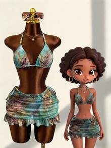 Swim Vcay Bộ bikini hai mảnh mùa hè dành cho nữ, chất liệu ombre, kiểu cổ yếm, kèm váy sarong xếp ly và điểm nhấn kim loại, đồ bơi gợi cảm thoải mái cho kỳ nghỉ biển. - Nhiều màu - Xem 4